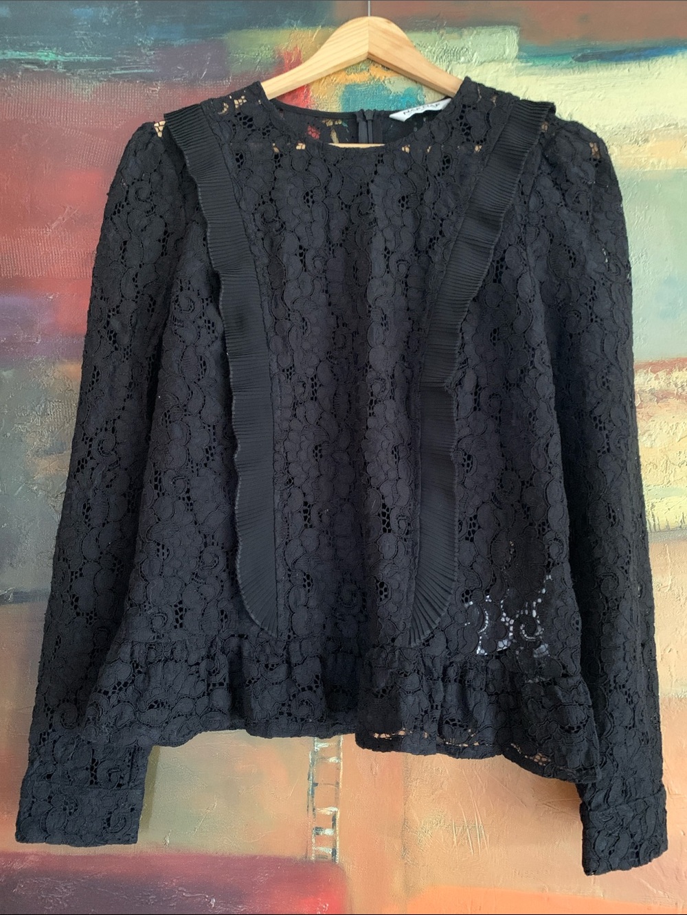 NAF NAF Black Floral Lace Ruffle Trim Long Sleeve Blouse Top – Size 38 (US M)
